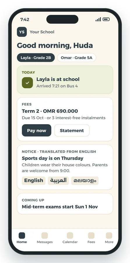 Parent app home: a child marked at school, term fees due with instalments, and a translated notice