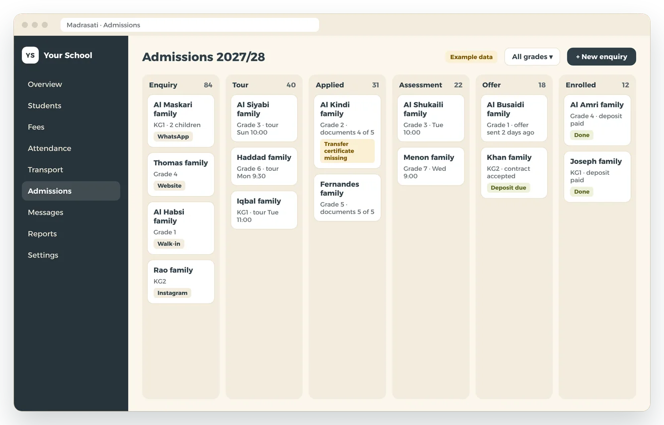 Admissions board from enquiry to enrolled