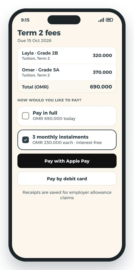 Paying term fees in full or in three interest-free instalments