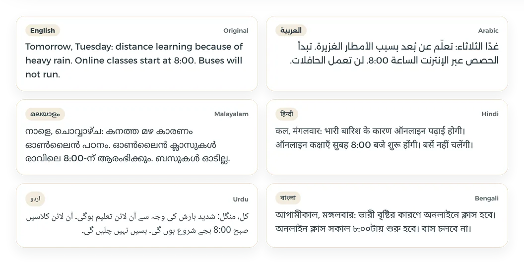One school notice shown in six languages