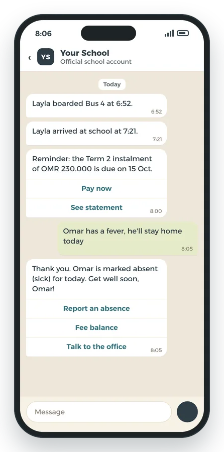 School alerts, a payment reminder and an absence report in a WhatsApp chat