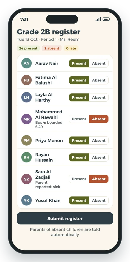 Class register with everyone present by default and two absences marked