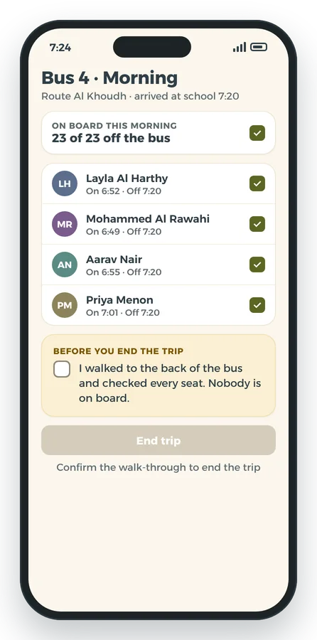 Bus supervisor app: children marked on board and the empty-bus check