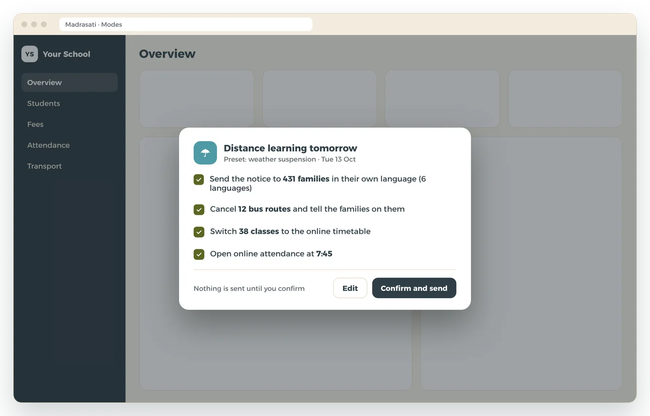 Weather mode: one switch for notices, buses and the online timetable
